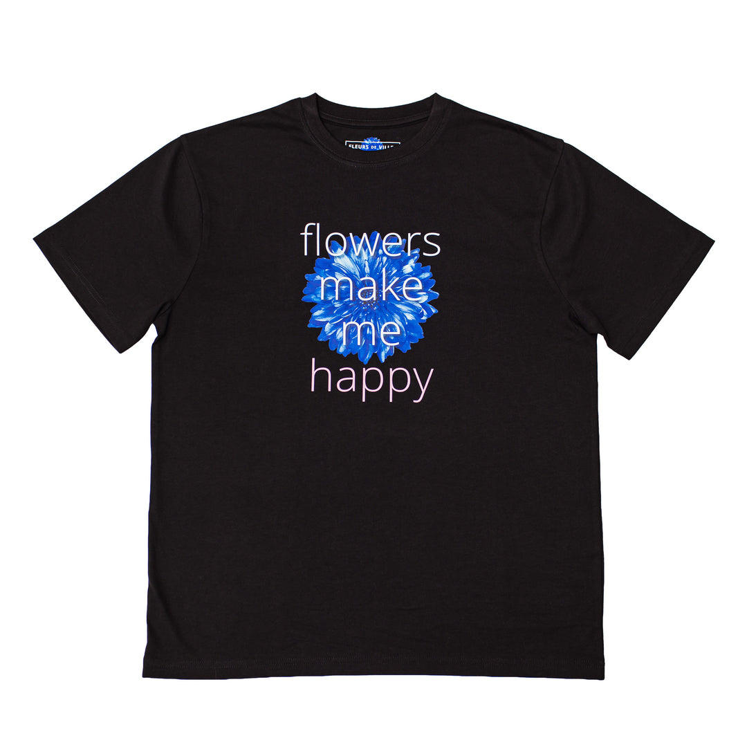 Black t-shirt with blue flower graphic that says "Flowers make me happy" on a white background