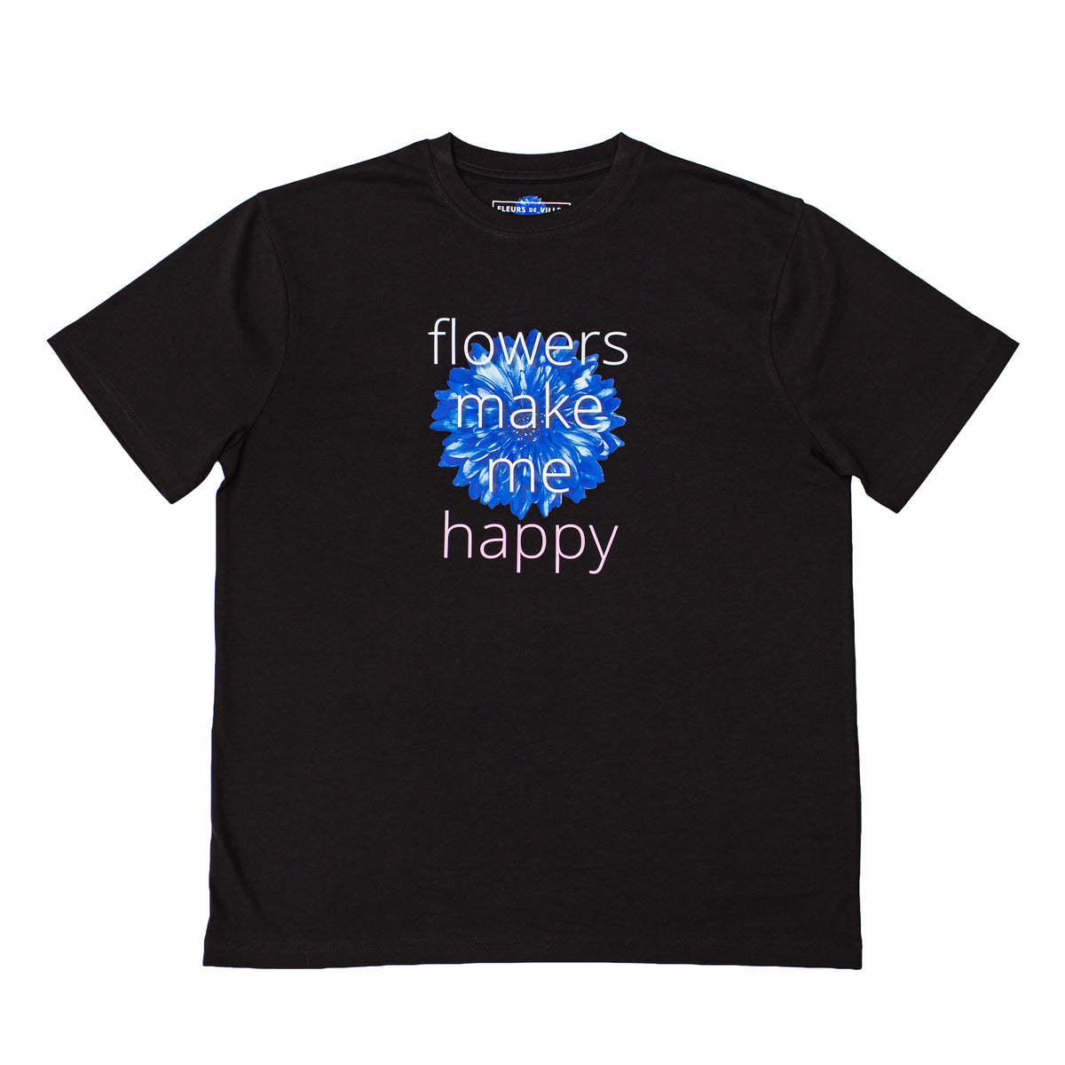 Black t-shirt with blue flower graphic that says "Flowers make me happy" on a white background