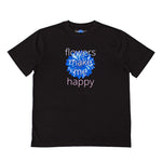 Black t-shirt with blue flower graphic that says "Flowers make me happy" on a white background