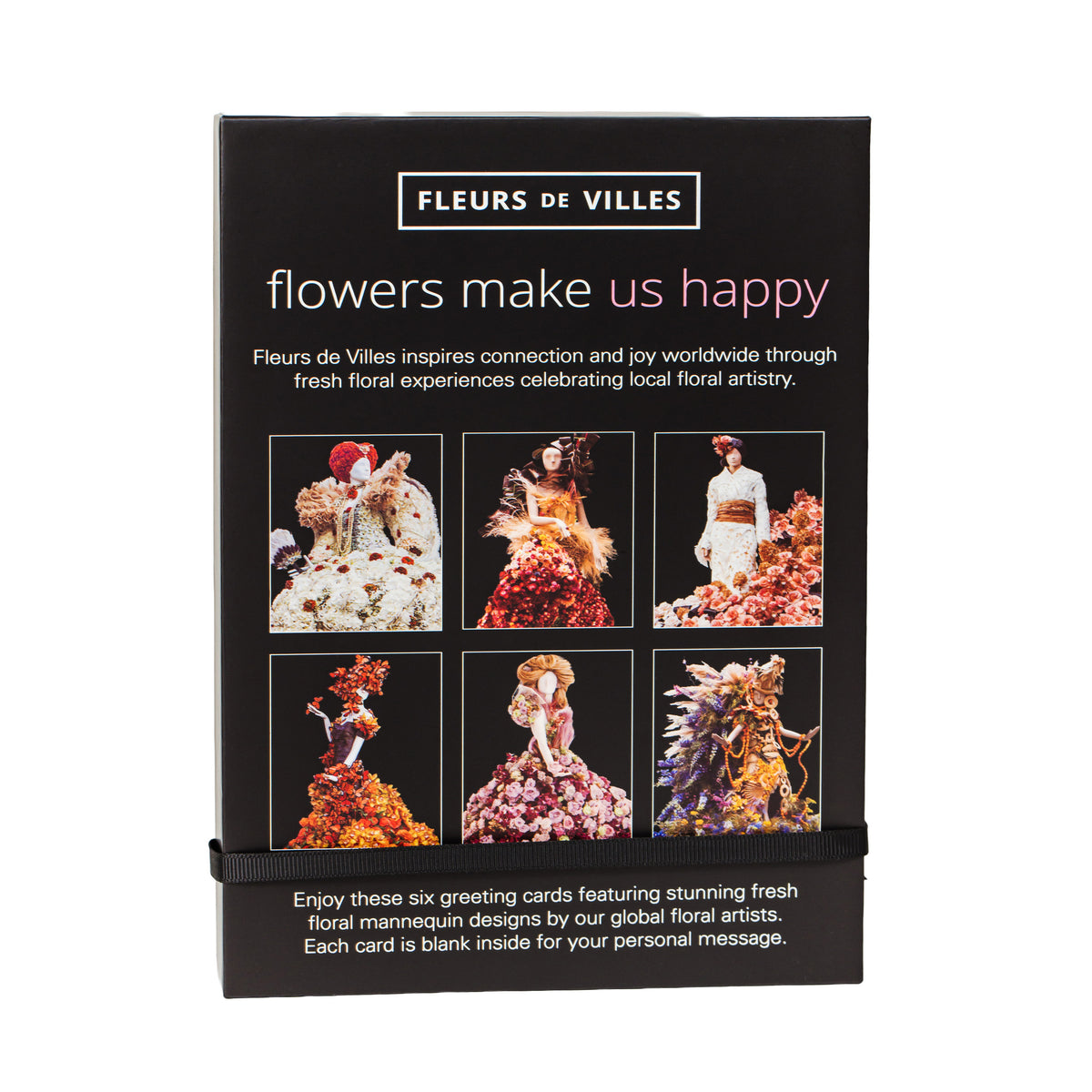 Fleurs de Villes greeting card set packaging with floral mannequin designs and text.