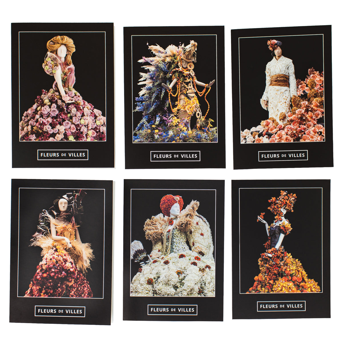 Six greeting cards featuring floral mannequins with 'Fleurs de Villes' branding.