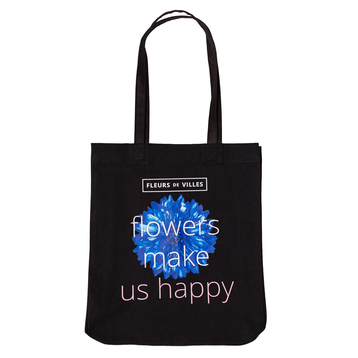 Black tote bag with blue flower graphic that says "Flowers make us happy" on a white background