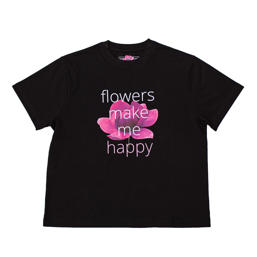 Black t-shirt with pink lotus flower and text 'flowers make me happy' on a white background