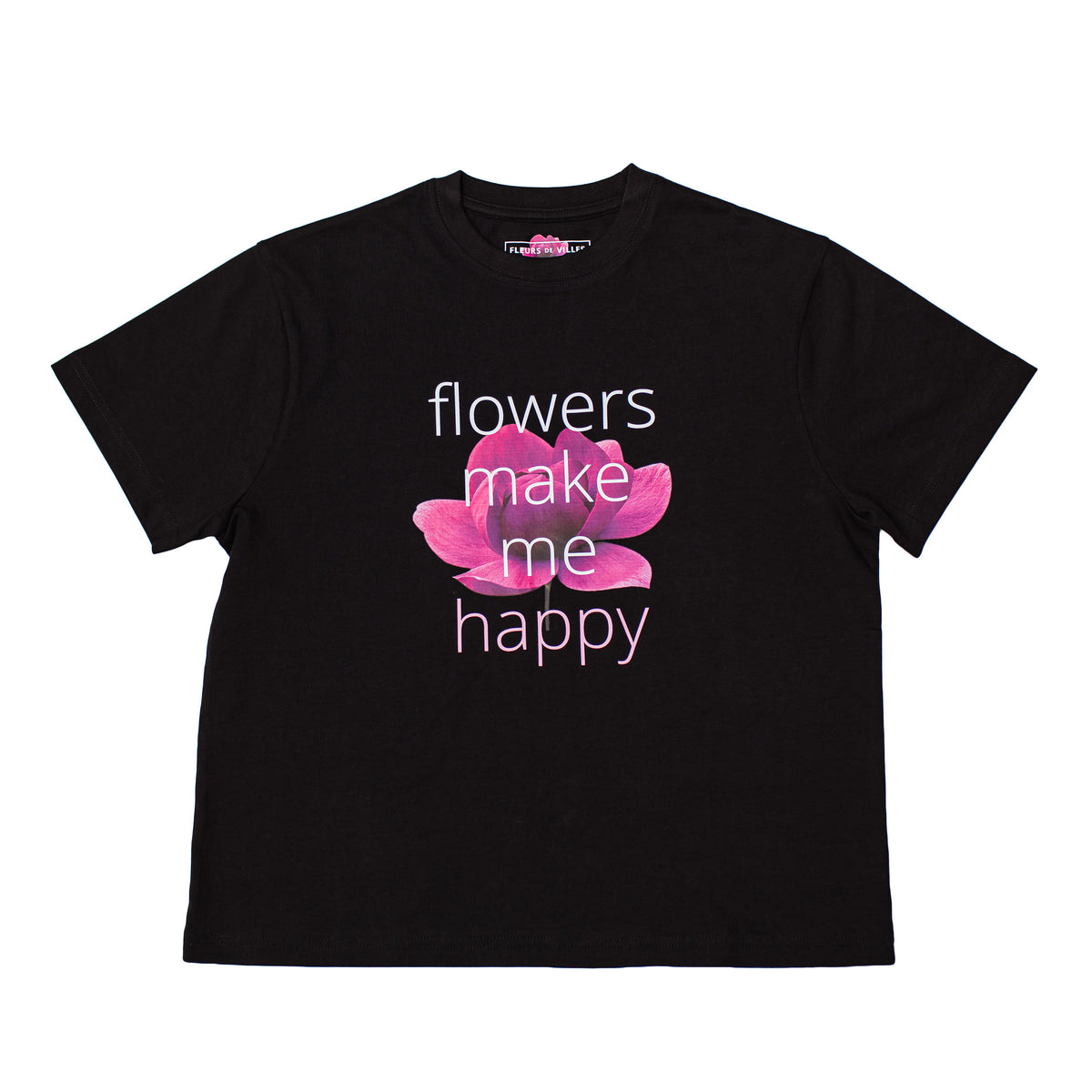 Black t-shirt with pink lotus flower and text 'flowers make me happy' on a white background