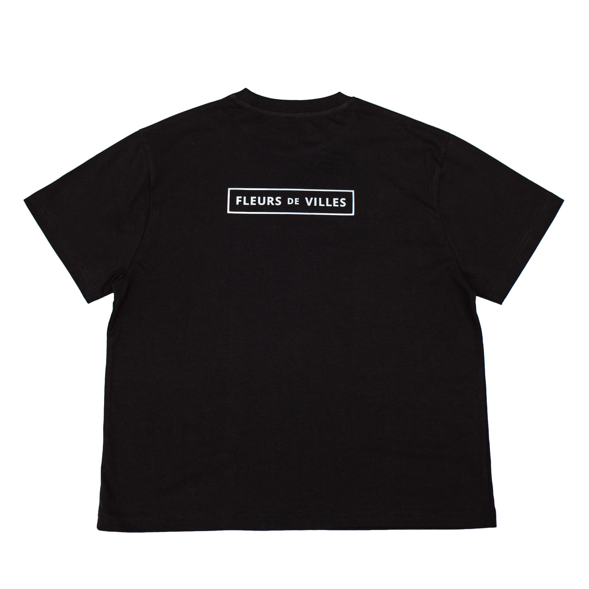 Black t-shirt with 'FLEURS DE VILLES' logo on a white background