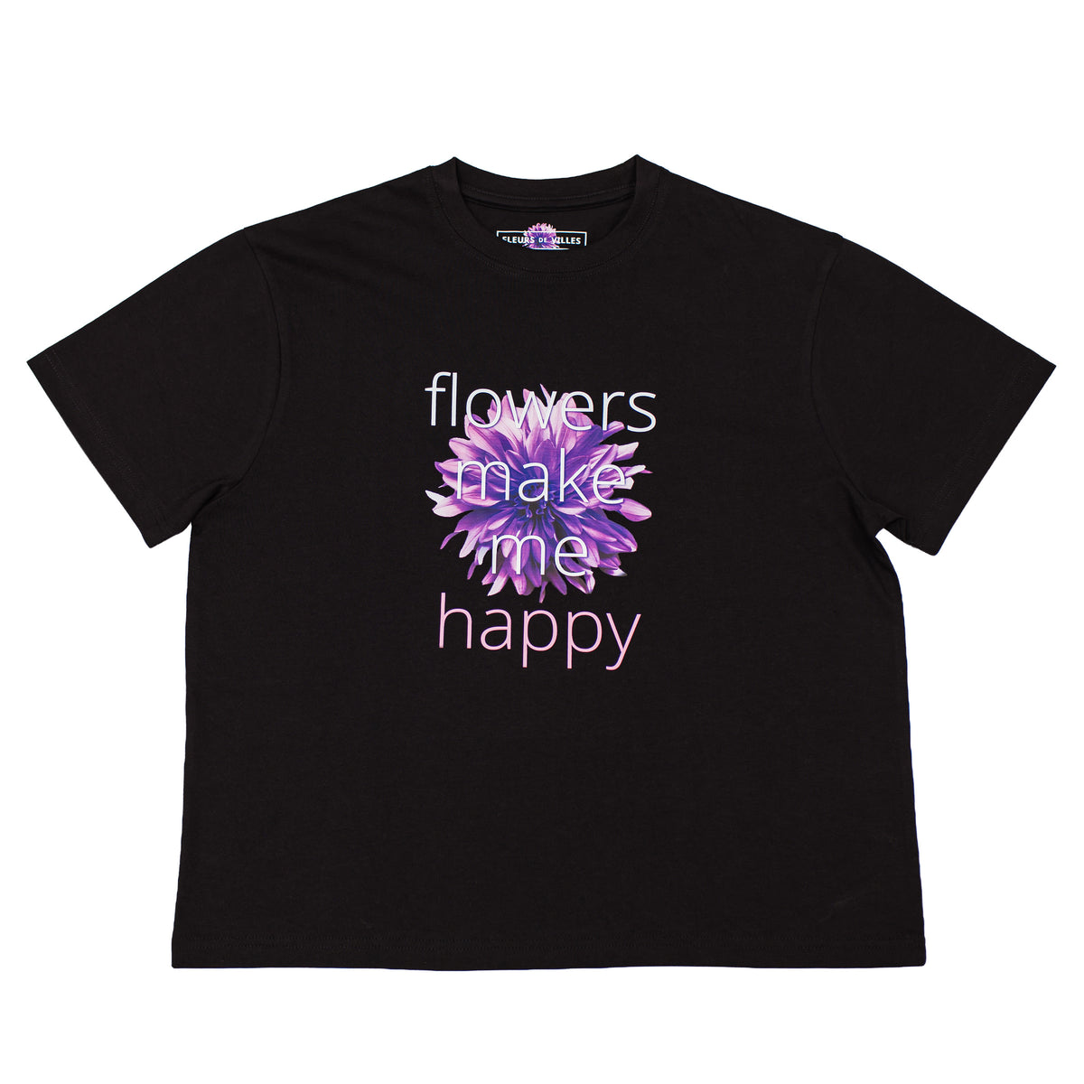 Black t-shirt with a purple flower graphic and text on a white background