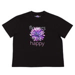 Black t-shirt with a purple flower graphic and text on a white background