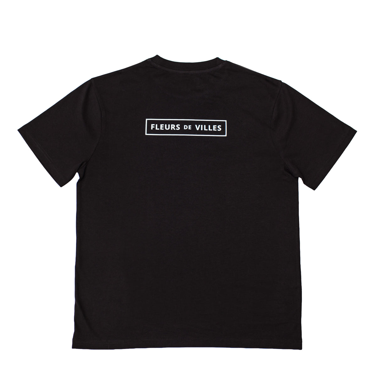 Black t-shirt with 'FLEURS DE VILLES' logo on a white background